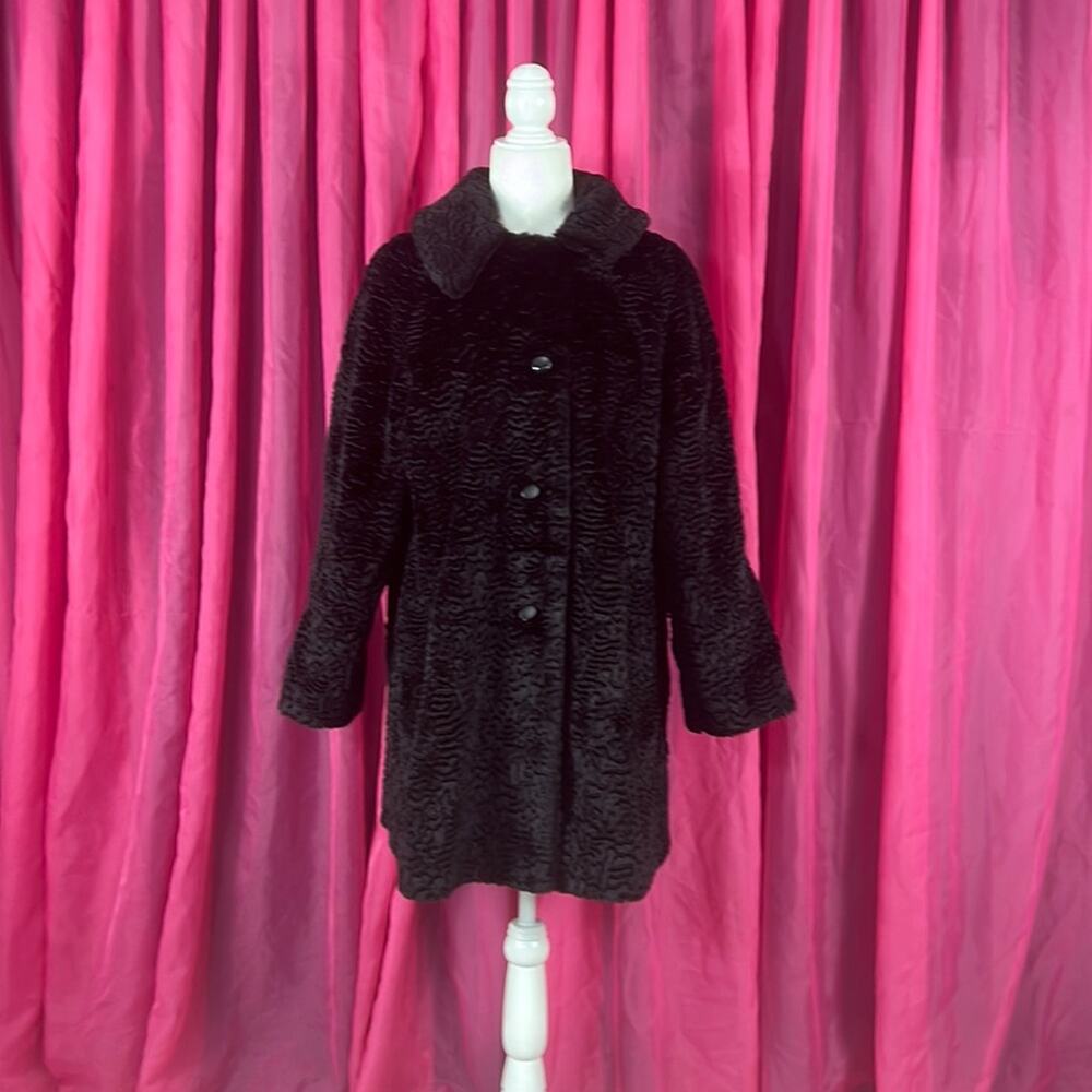Komitor retro Mod faux fur black mid length coat, size Large or XL